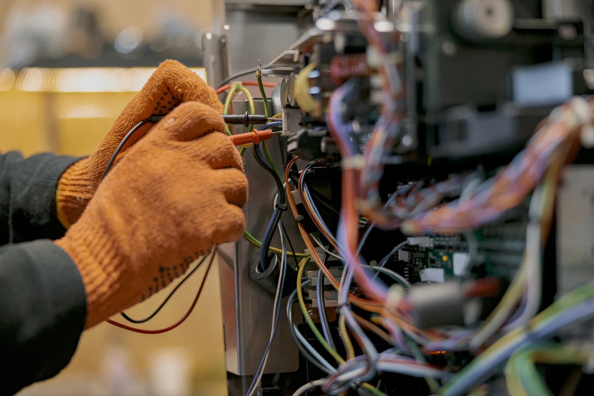 Manos de electricista reparando una máquina de café — trabajo preciso y manual, exactamente como entregamos software