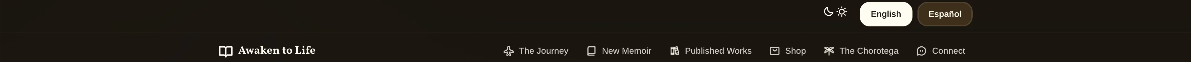 Navigation with dark mode toggle and language picker